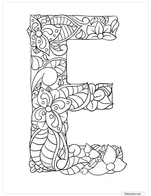 Floral Alphabets Coloring Pages - Letter E