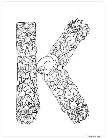 Floral Alphabets Coloring Pages - Letter K