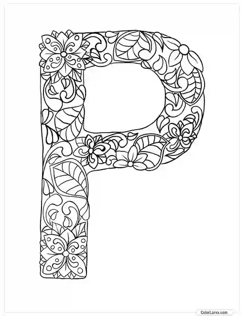 Floral Alphabets Coloring Pages - Letter P