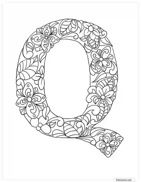 Floral Alphabets Coloring Pages - Letter Q