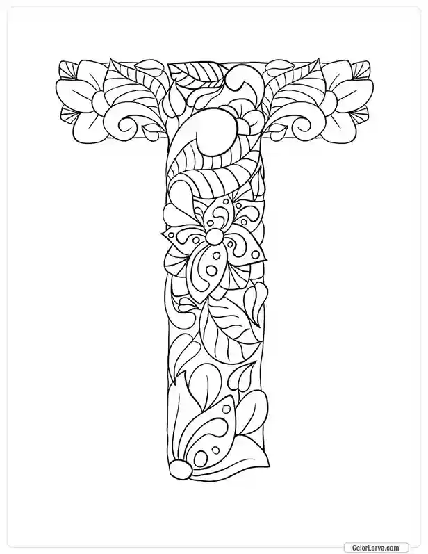 Floral Alphabets Coloring Pages - Letter T