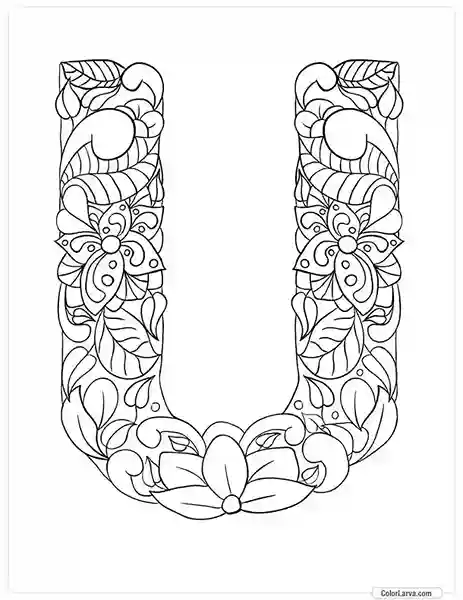 Floral Alphabets Coloring Pages - Letter U