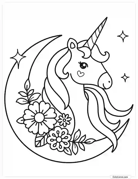 Unicorn Coloring Pages for Kids 3 Flowers Crescent